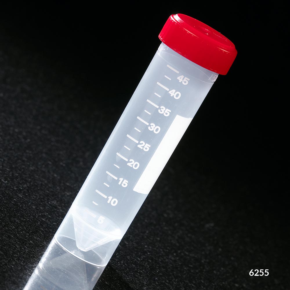 Globe Scientific Transport Tube, 50mL, with Attached Red Screw Cap, PP, Printed Graduations, Conical Bottom, Self-Standing, STERILE, 25/Bag, 20 Bags/Unit 50mL Centrifuge Tubes; RNase free centrifuge tube; DNase free centrifuge tube